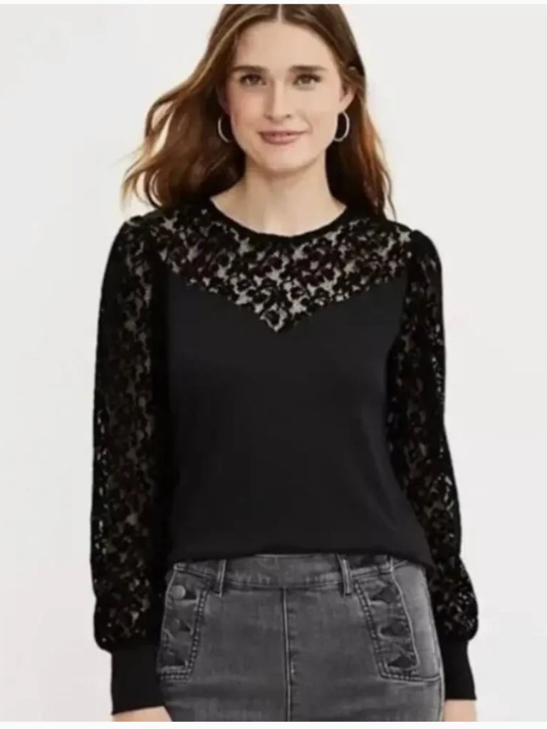 Loft Women's Size Xxs Sweetheart Sheer Flocked Lace-Sleeve Top Long Sleeve Black